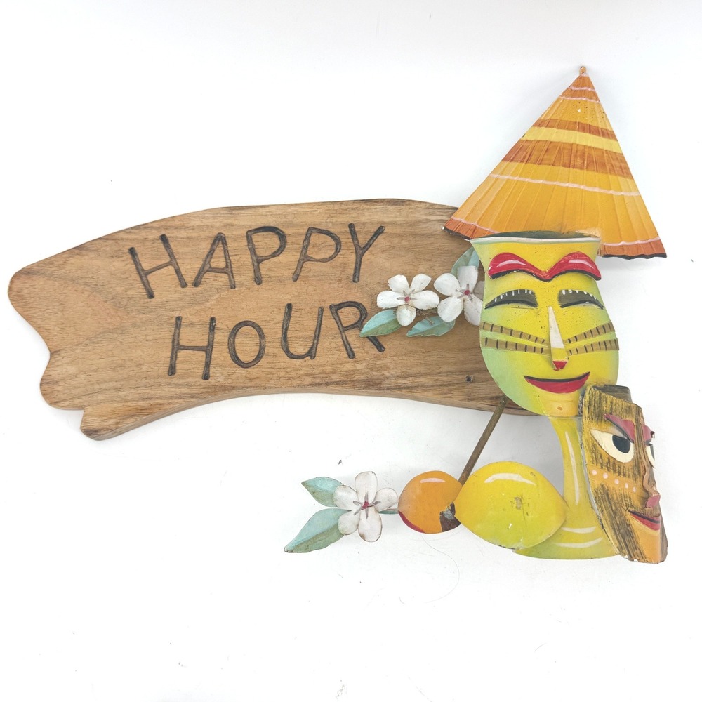 Tiki Wall Decor Multicolored Metal Wood Happy Hour Sign 2 Pieces Vintage